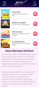 Spingalaxy Casino mobile slots screenshot showing slot game categories, featured titles and navigation on smartphone interface - tested