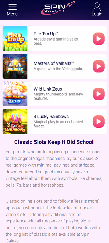 Spingalaxy Casino mobile slots screenshot showing slot game categories, featured titles and navigation on smartphone interface   tested