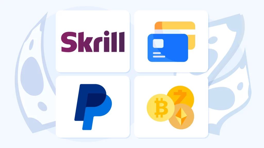 Comparison chart showing Skrill casino withdrawal speed of 0-24 hours, fees of €2 per €100, and 155 casino availability versus cards, PayPal, and cryptocurrency for Irish players