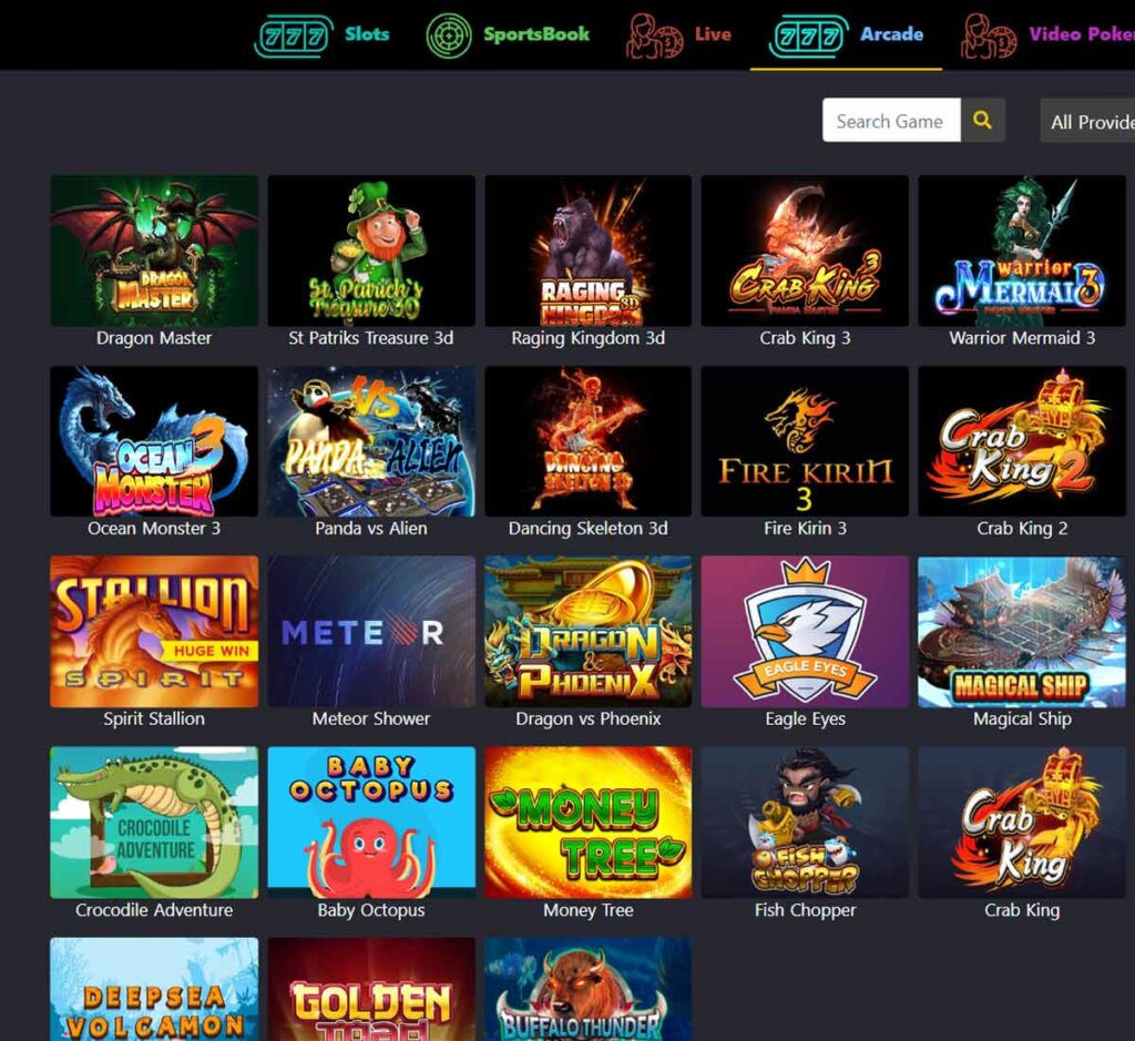Zeslots Casino desktop arcade games screenshot showing instant win and arcade-style games with game tiles and categories - tested