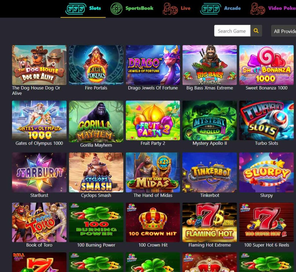 Zeslots Casino desktop slots screenshot showing slot game categories, featured titles and filtering options - tested