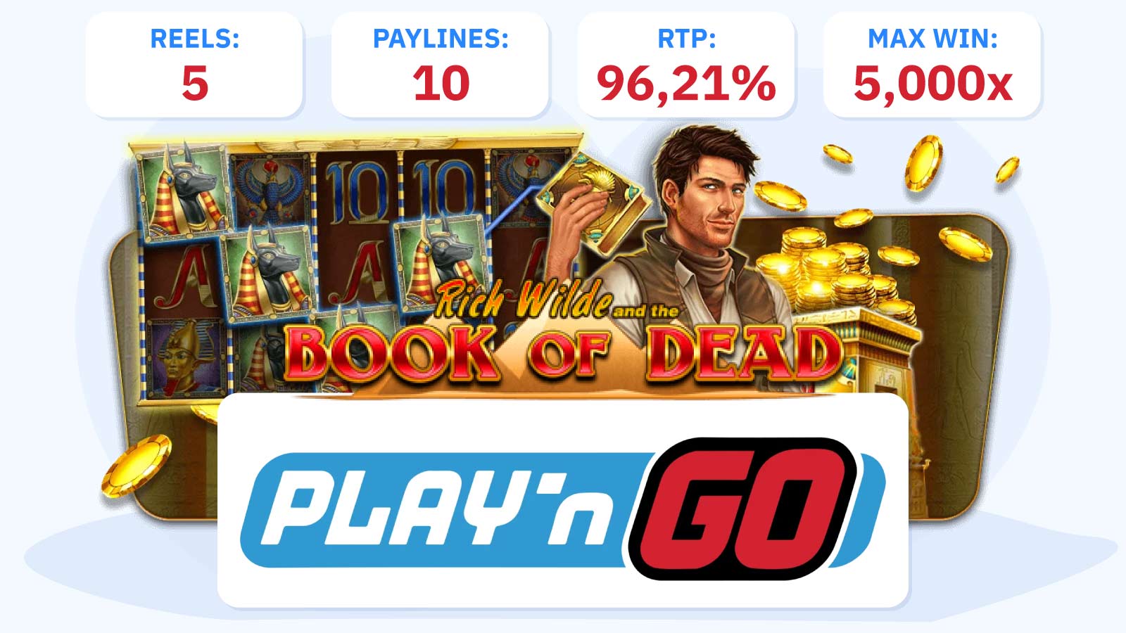 Book of Dead slot game interface showing 5 reels, 10 paylines, Egyptian theme with Rich Wilde character and expanding book symbols