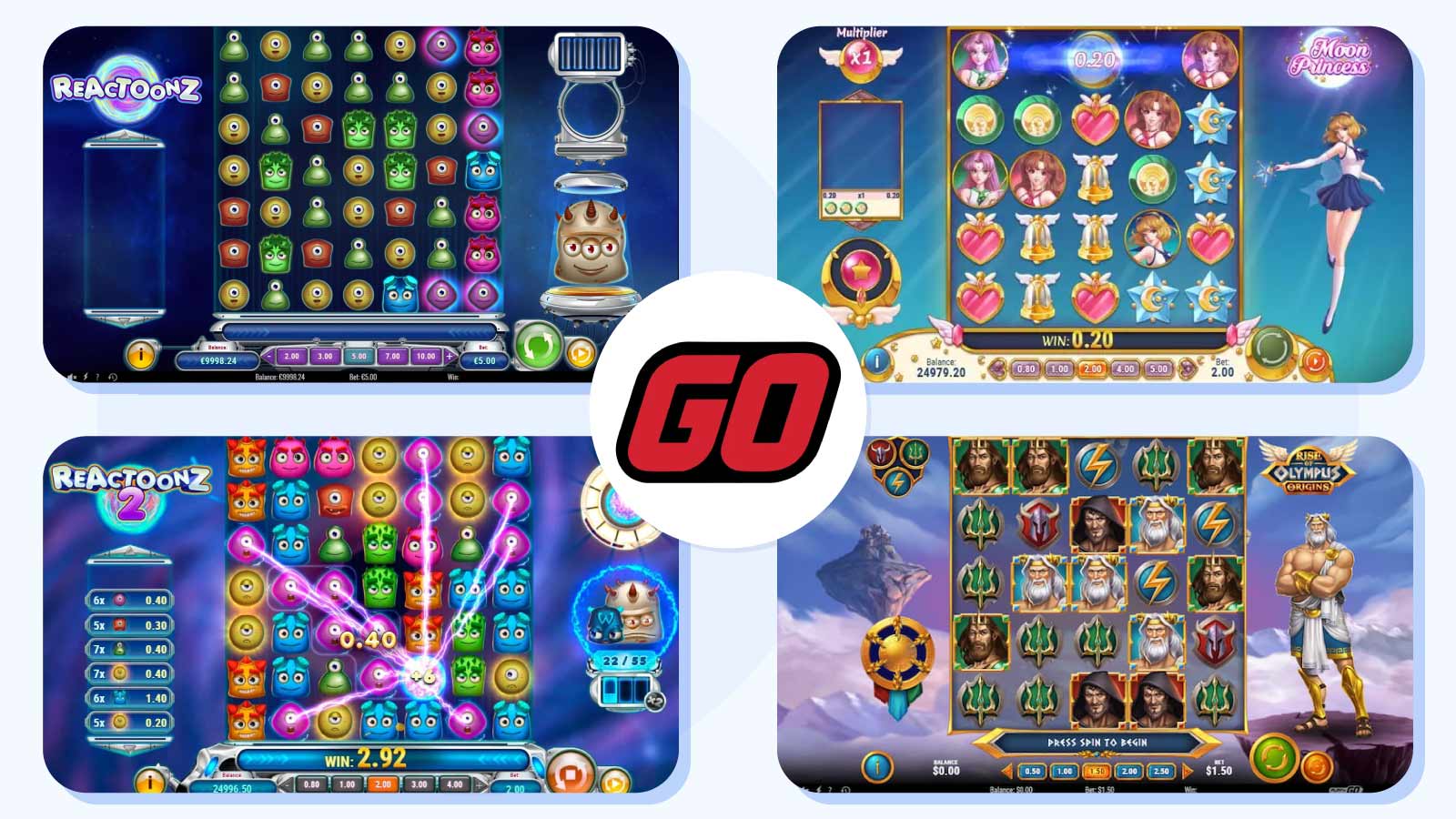 Visual comparison of Play N Go grid slot games showing Reactoonz 7x7 grid, Reactoonz 2, Moon Princess 5x5 grid, and Rise of Olympus layouts