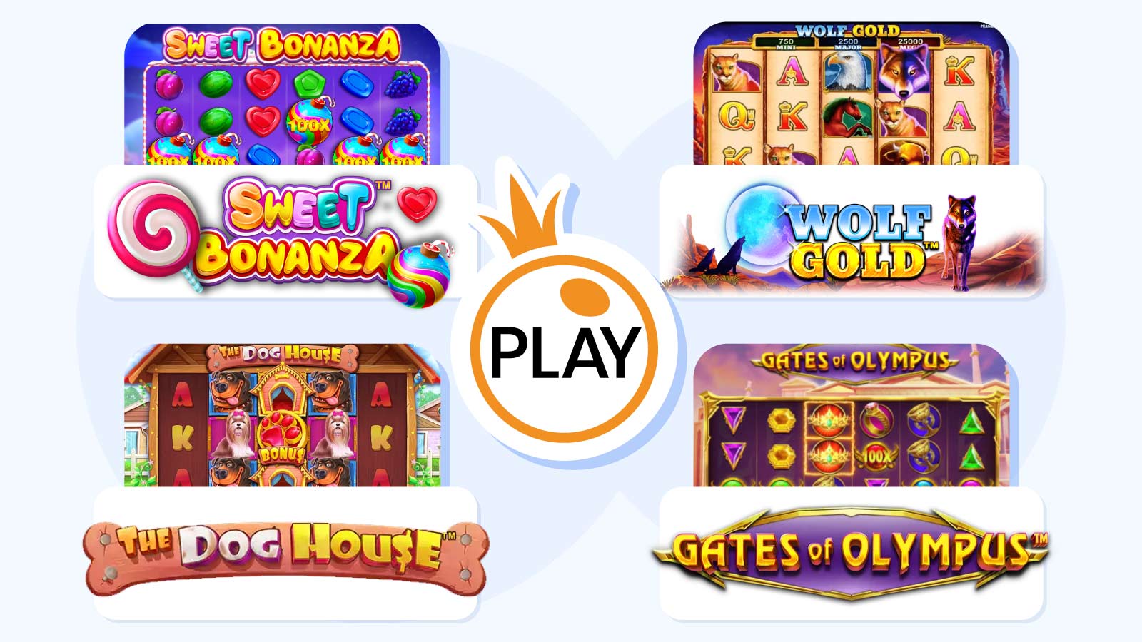 Sweet Bonanza slot featuring cluster pays and cascading reels mechanics, Wolf Gold progressive jackpot slot with Money Respin feature, The Dog House Megaways slot featuring sticky wilds and free spins bonus rounds and Gates of Olympus slot with tumbling reels and multiplier symbols by Pragmatic Play
