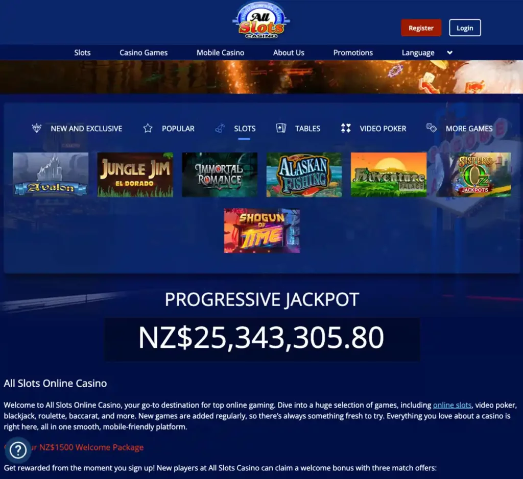 All Slots Casino desktop slots screenshot showing slot categories, featured titles and game providers in the casino lobby - tested