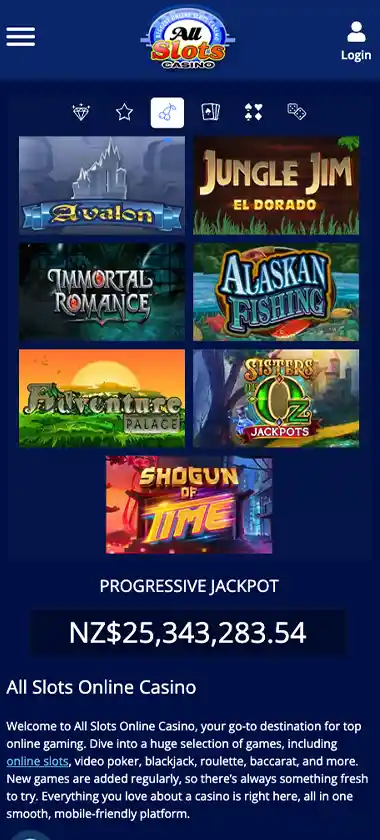 All Slots Casino mobile slots screenshot showing slot game thumbnails, categories and featured titles in the mobile game lobby - tested