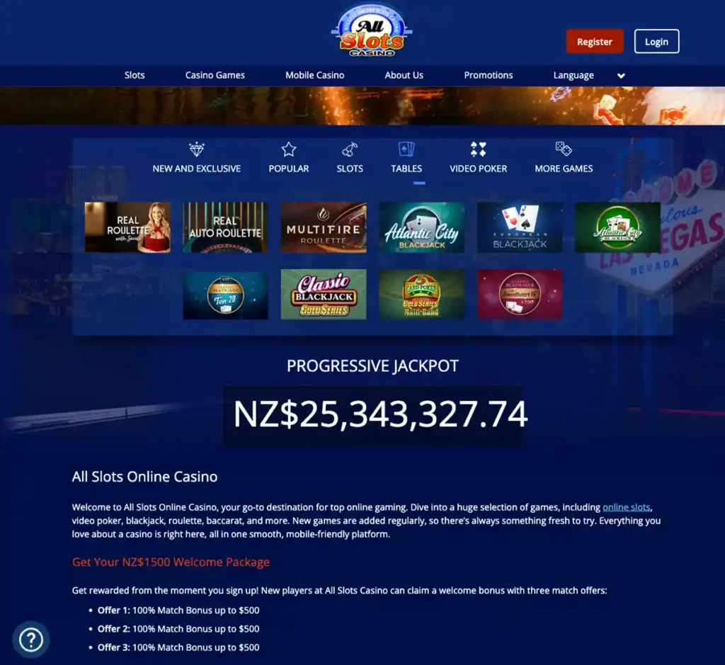 All Slots Casino desktop table games screenshot showing blackjack, roulette and baccarat tables with filters and lobby navigation - tested