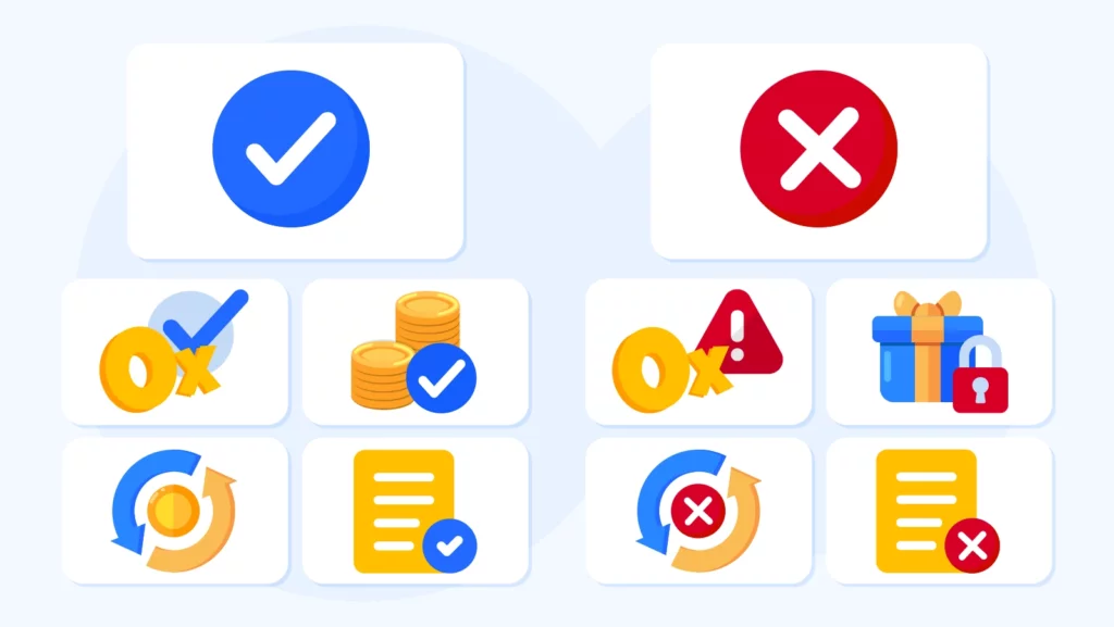 Comparison guide showing true no wagering bonuses with cash balance winnings and instant withdrawals versus fake no wagering offers with bonus balance locks, hidden clauses, and delayed withdrawals, including verification checklist