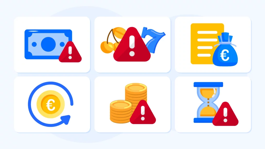 Infographic showing seven common restrictions on no wagering casino bonuses including maximum cashout caps at €30-€100 affecting 95% of offers, game locking at 90%, deposit requirements at 80%, with impact levels and frequency percentages