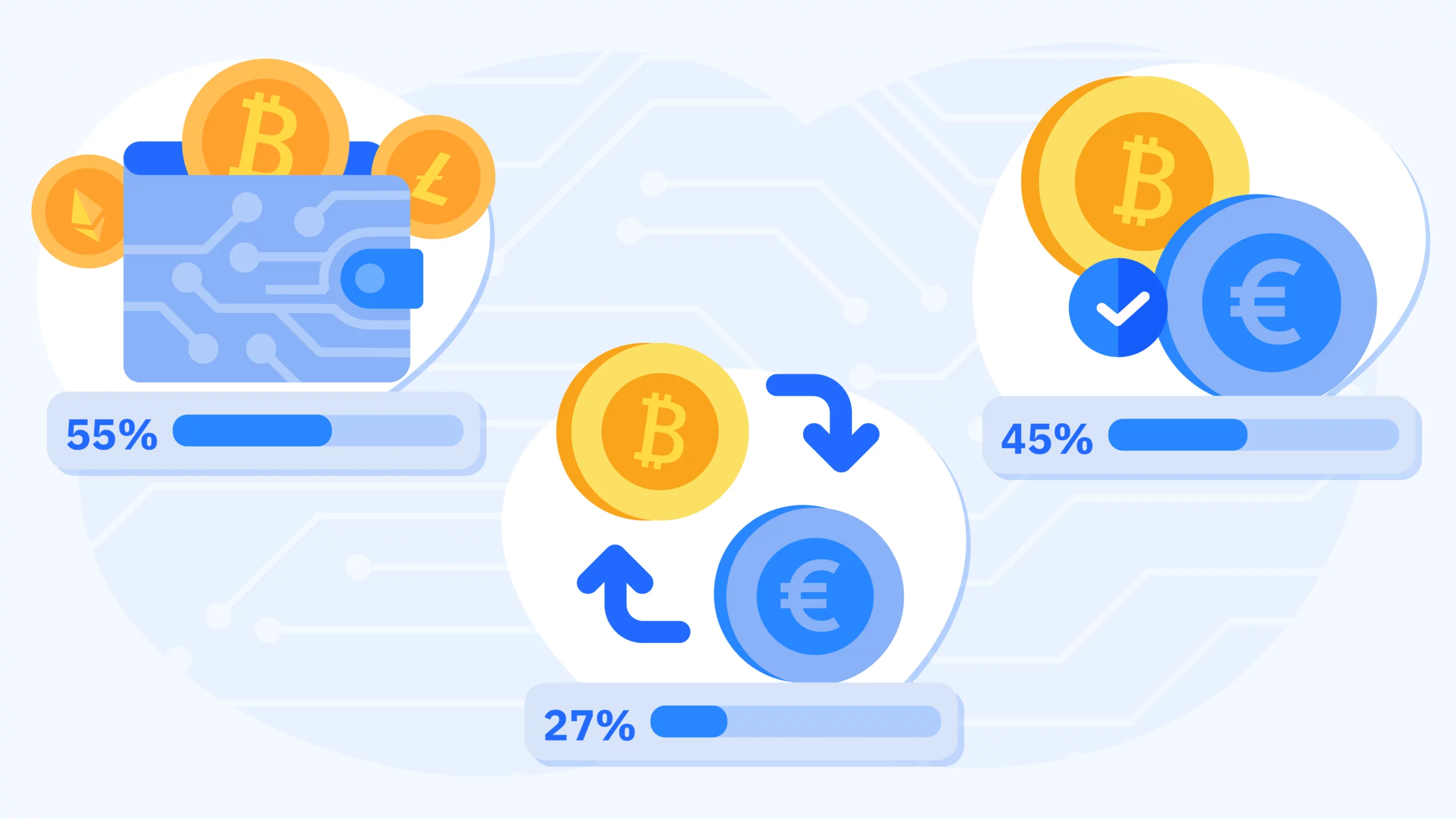 Infographic showing crypto-only, crypto-friendly, and instant conversion bitcoin casino types in Ireland with EUR and BTC currency icons, percentage breakdown showing 55% crypto-only and 45% crypto-friendly platforms
