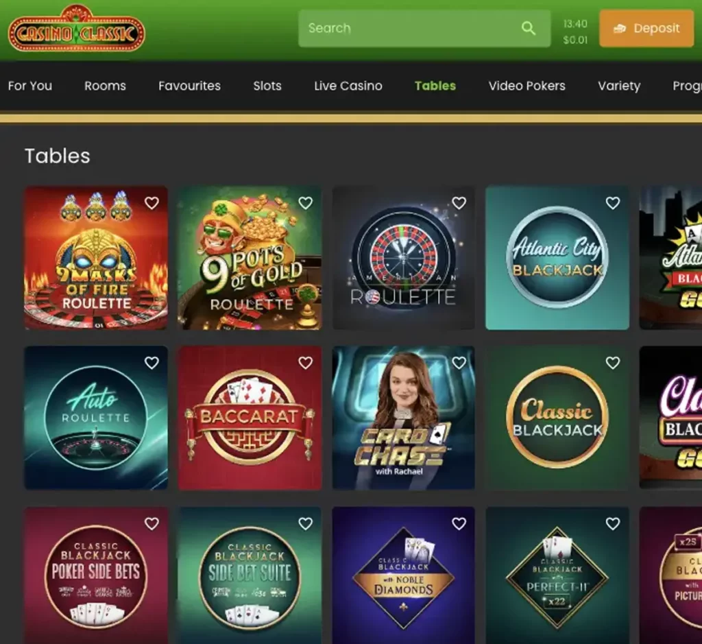 Casino Classic desktop table games collection screenshot showing various table games, categories and filtering options - tested