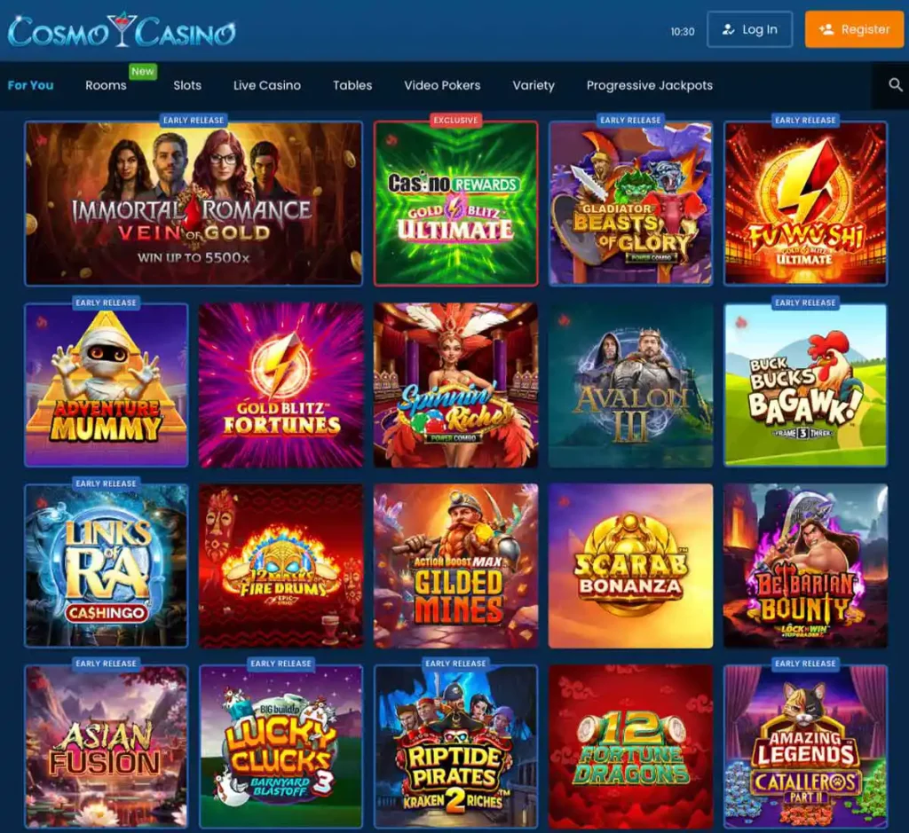 Cosmo Casino desktop live casino screenshot displaying real-dealer tables including roulette, blackjack and baccarat with lobby navigation - tested