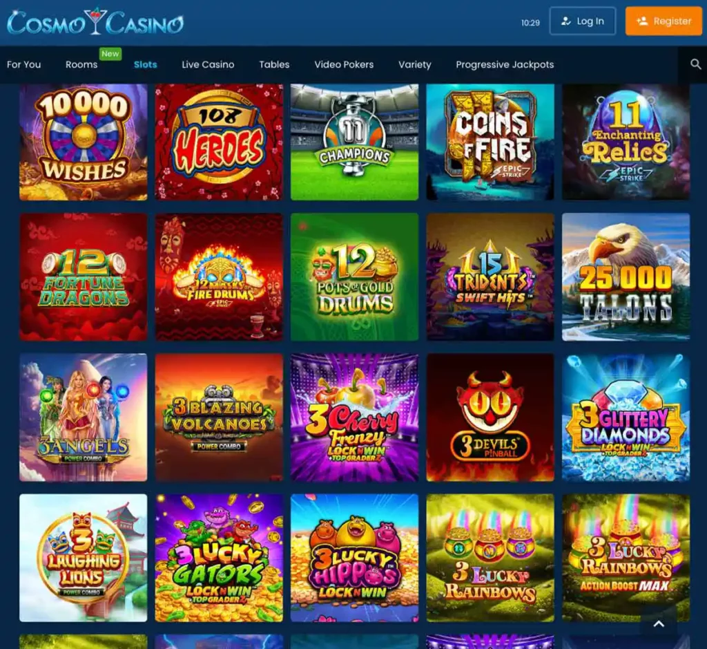 Cosmo Casino mobile slots lobby - captured during our review