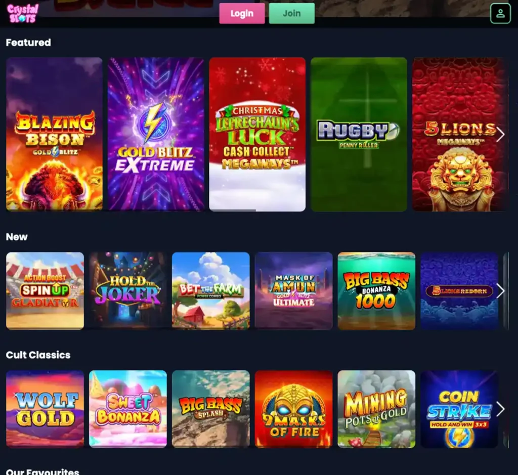 Crystal Slots Casino desktop game selection screenshot showing complete games library, filters, provider logos and featured titles in the casino lobby - tested