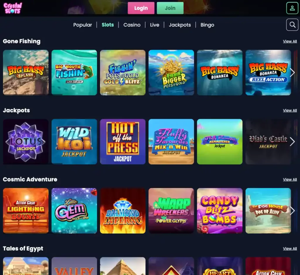 Crystal Slots Casino desktop slots screenshot showing slot categories, featured titles and game providers in the casino lobby - tested