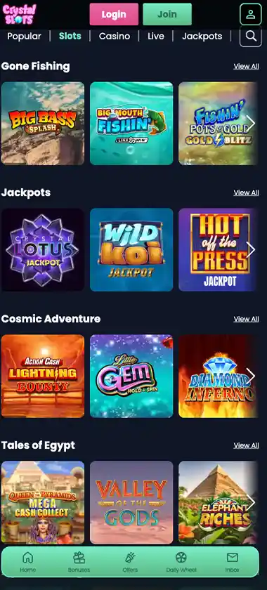Crystal Slots Casino mobile slots screenshot showing slot game thumbnails, categories and featured titles in the mobile game lobby - tested