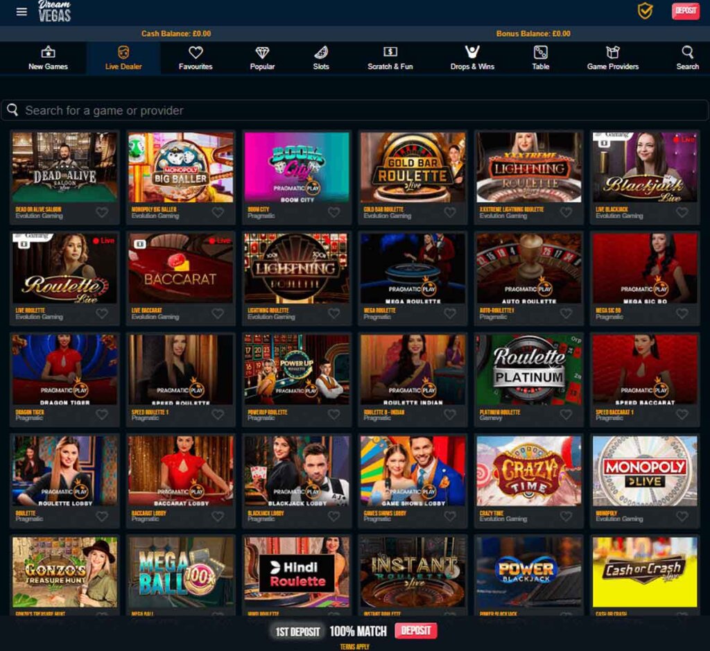 Dream Vegas Casino desktop live dealer games collection screenshot showing roulette, blackjack and baccarat tables in lobby view - tested