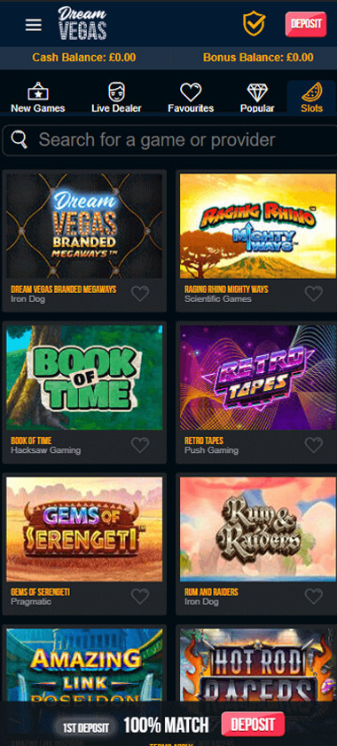 Dream Vegas Casino mobile slots variety screenshot displaying featured slots, categories and touch-optimized navigation - tested