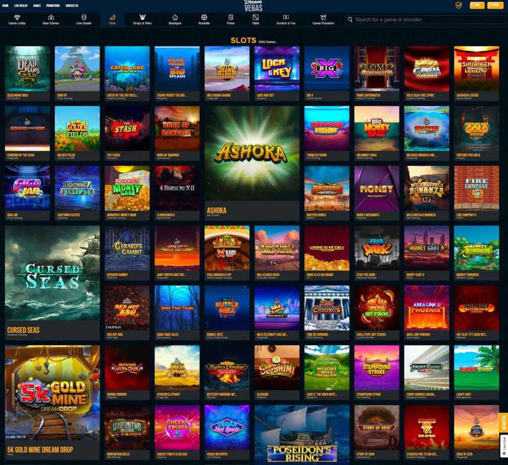 Dream Vegas Casino desktop slots variety screenshot showing multiple slot categories, featured games and provider filters - tested