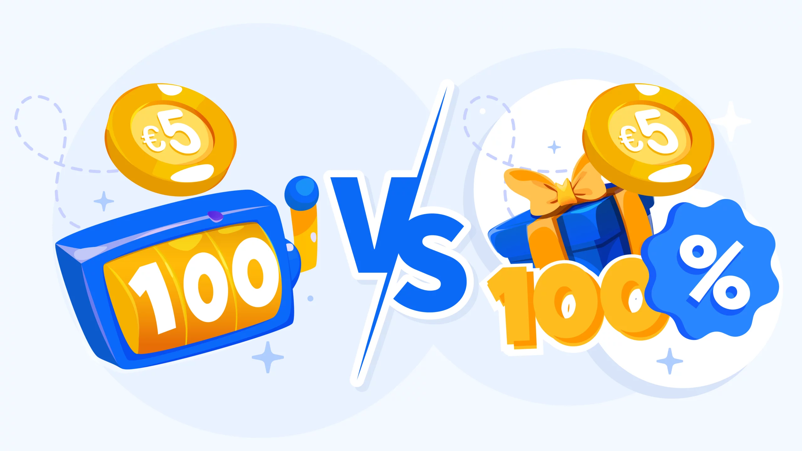 Visual comparison showing two types of 5 euro casino bonus offers in Ireland: free spins option with 100 spins at €0.10 value versus match bonus option with €5 deposit doubled to €10 bankroll