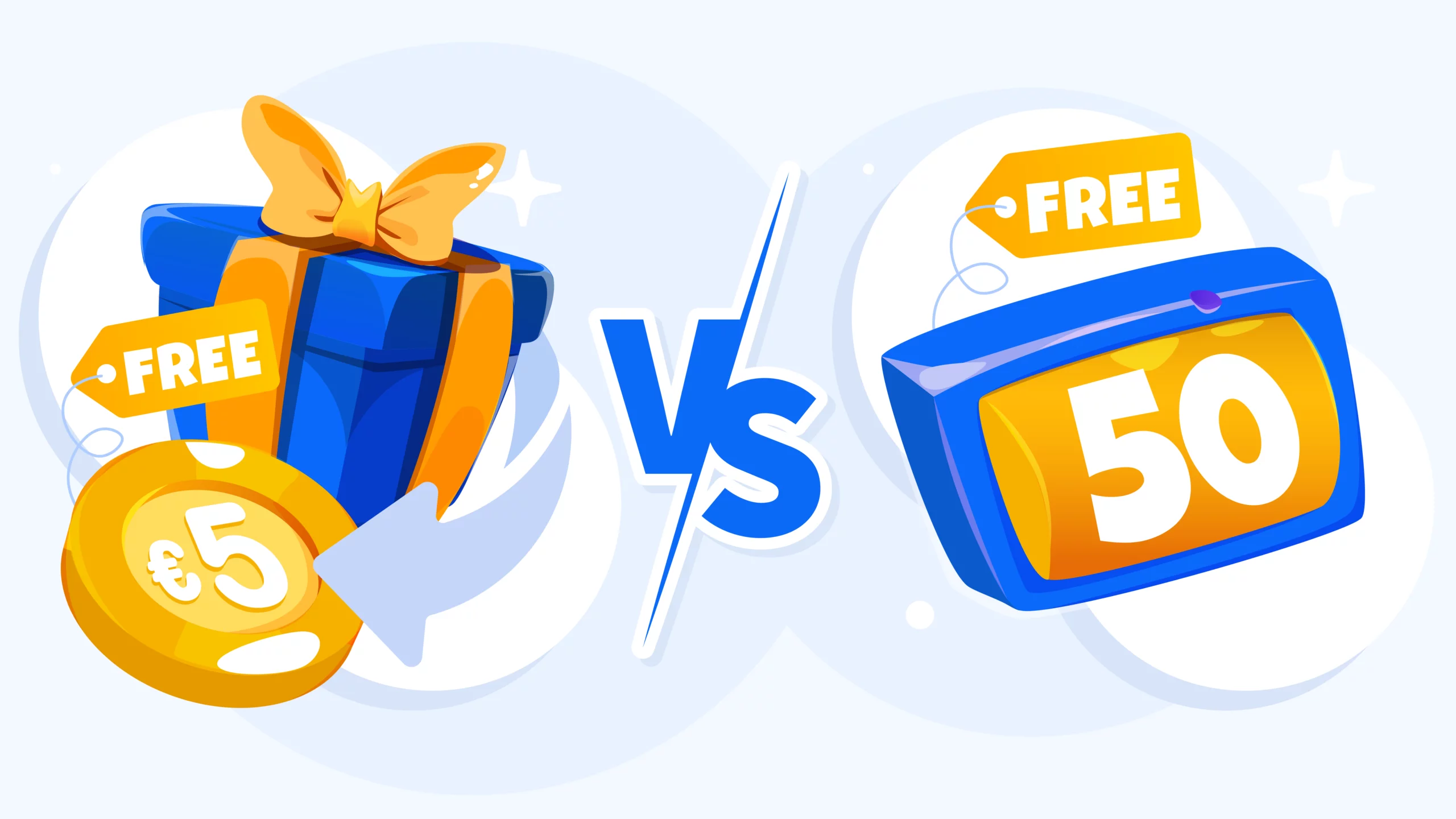 Comparison infographic showing €5 cash bonus offering 10-20 game variety with guaranteed value versus 50 free spins restricted to one slot with variable winnings for Irish casino players