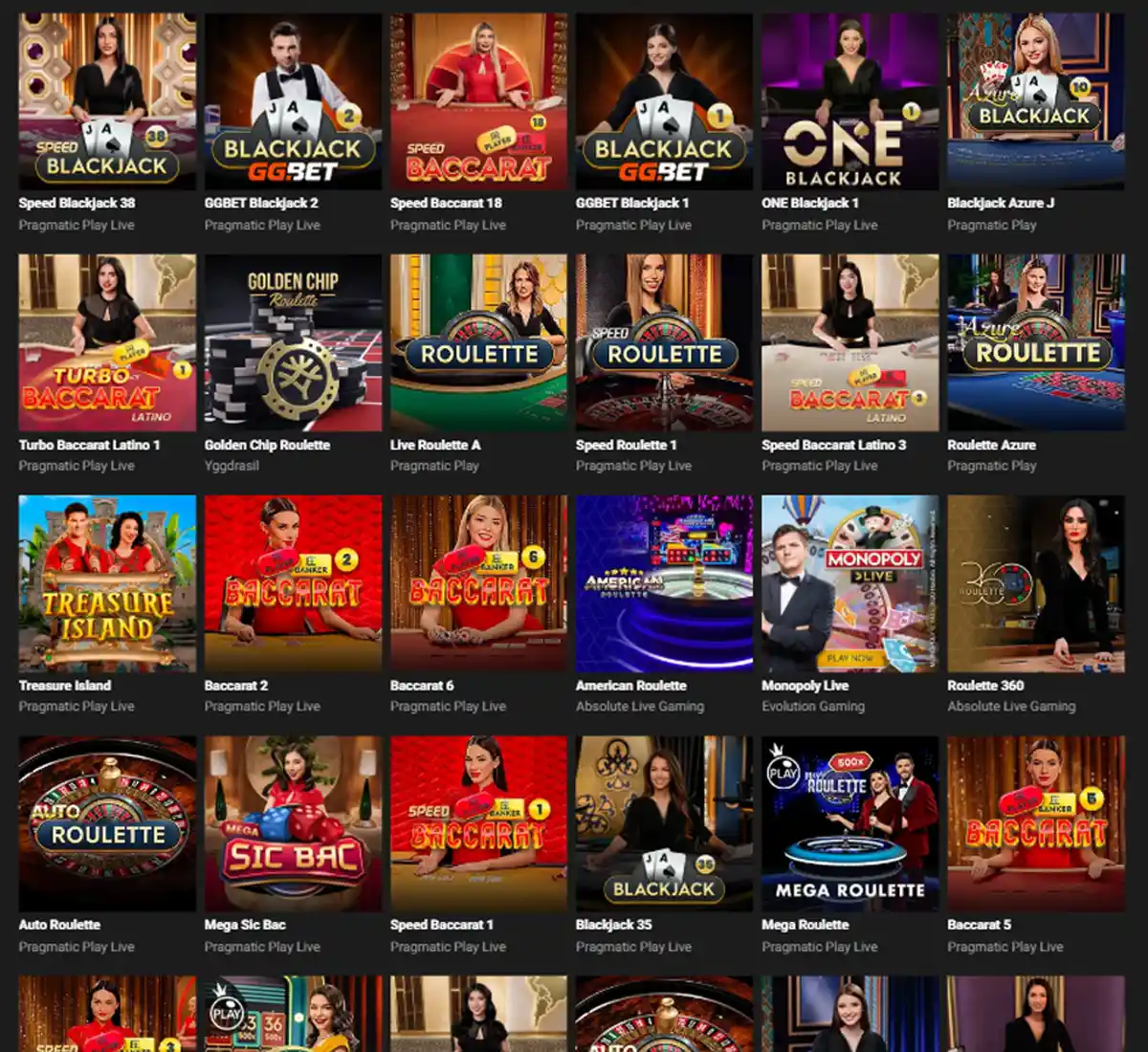GGBet Casino desktop live dealer games collection screenshot showing roulette, blackjack and baccarat tables in lobby view with categories and provider filters   tested