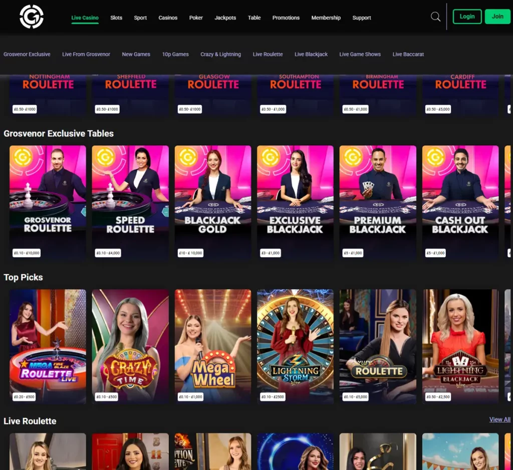Grosvenor Casino desktop live dealer games collection screenshot showing roulette, blackjack and baccarat tables in lobby view - tested