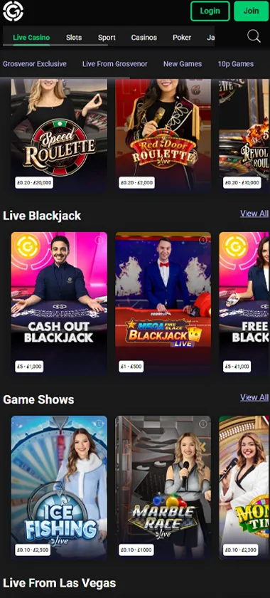 Grosvenor Casino mobile live dealer games collection screenshot displaying available live tables and categories - tested