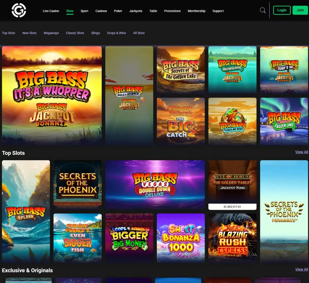 Grosvenor Casino desktop slots variety screenshot showing multiple slot categories, featured games and provider filters - tested