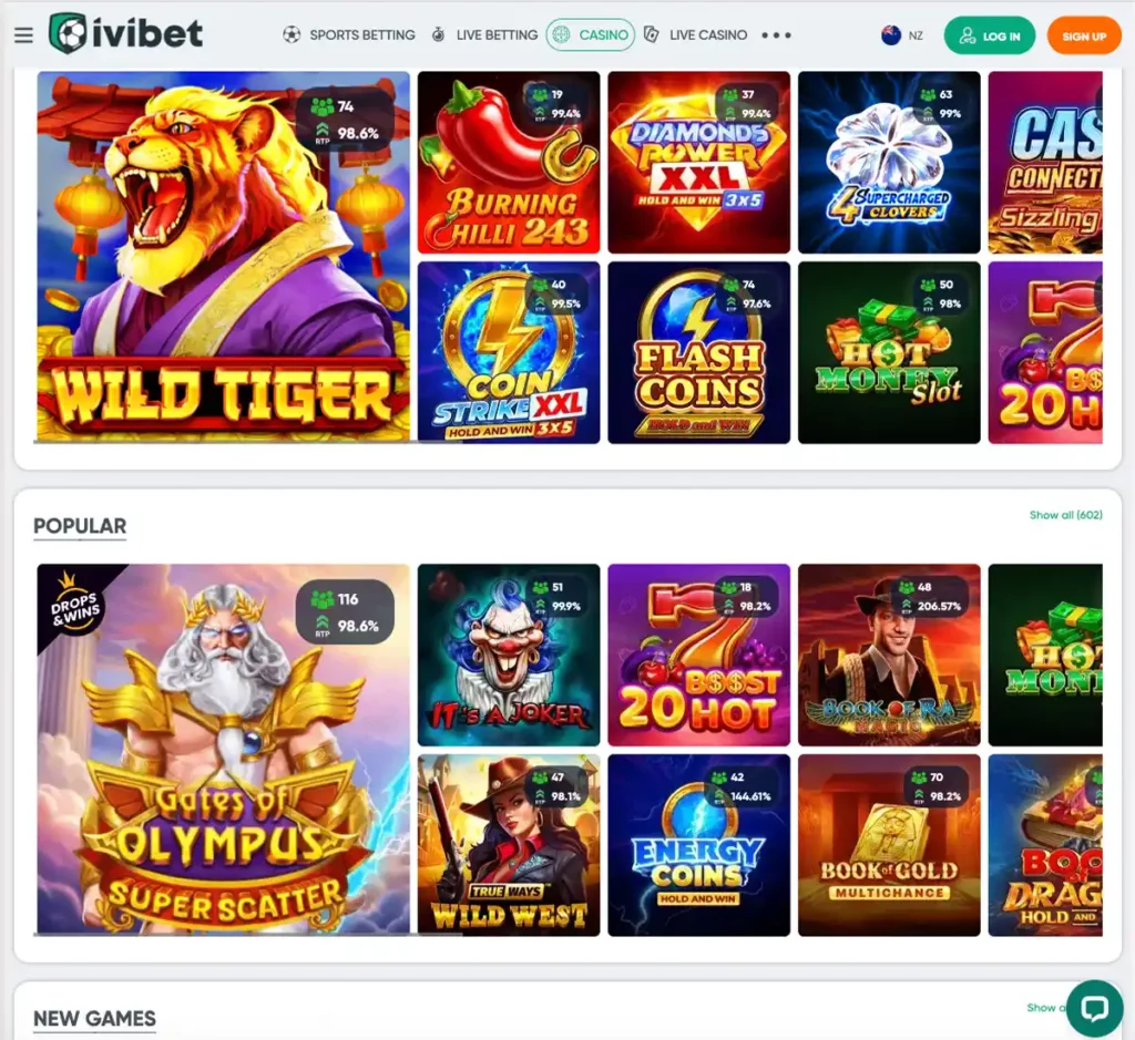 Ivibet Casino desktop homepage screenshot showing casino lobby with featured games, promotions and top navigation - tested