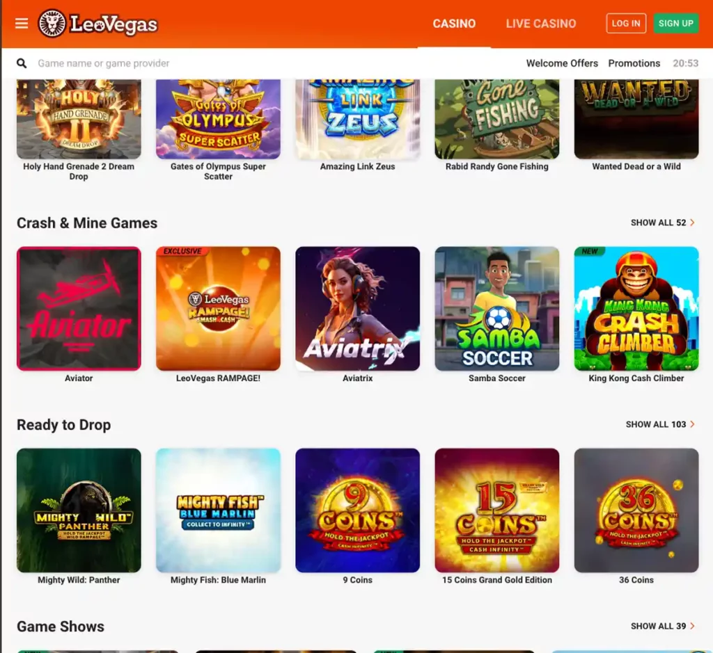 LeoVegas Casino desktop homepage screenshot showing casino lobby with featured games, promotions and top navigation - tested