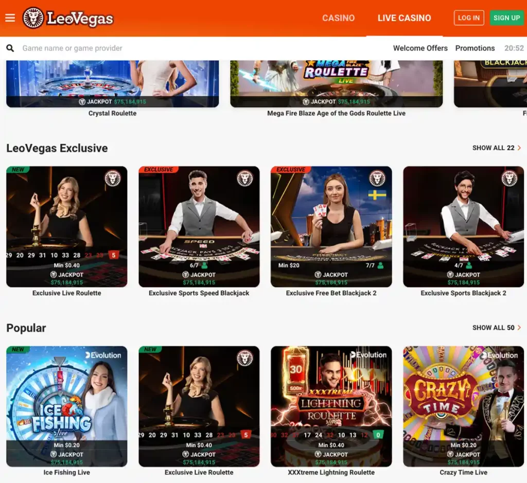 LeoVegas Casino desktop live casino screenshot displaying real-dealer tables including roulette, blackjack and baccarat with lobby navigation and betting interface - tested