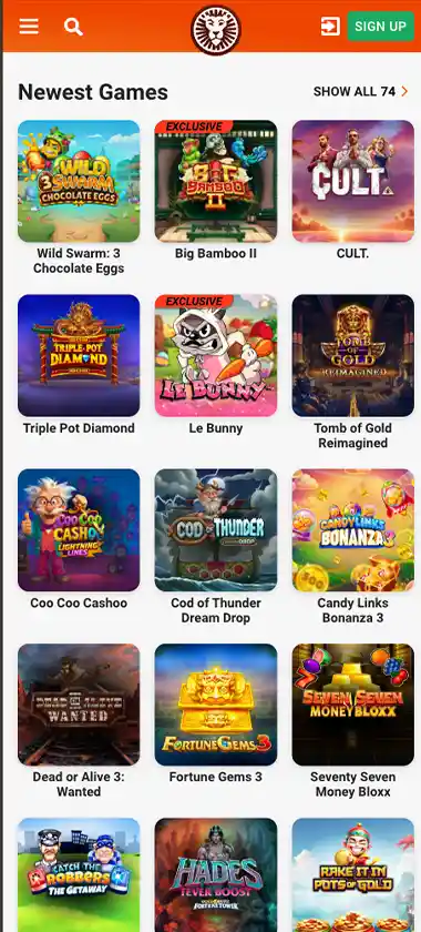 LeoVegas Casino mobile new games screenshot showing recently added titles, release badges and quick-play buttons in the mobile lobby - tested