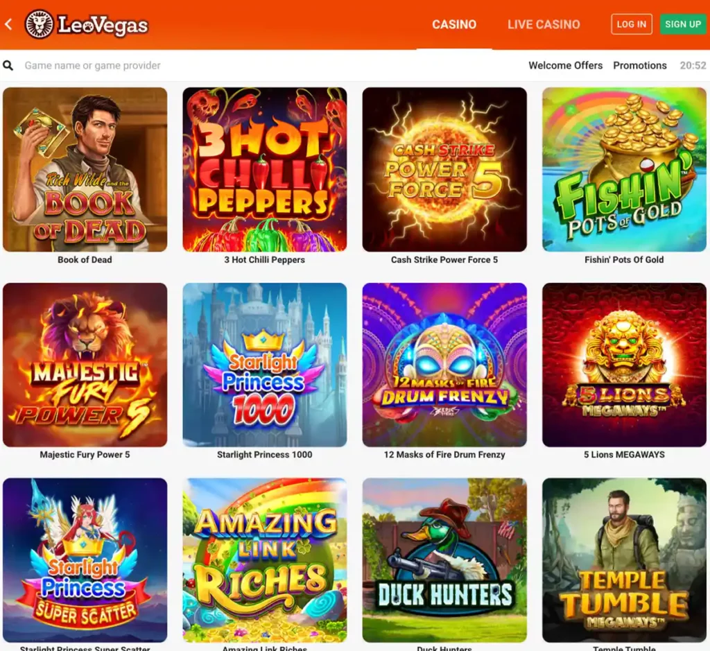 LeoVegas Casino desktop slots screenshot showing slot categories, featured titles and game providers in the casino lobby - tested