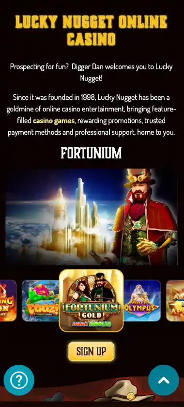 Lucky Nugget Casino mobile homepage screenshot showing featured games, navigation menu and promotional banner on the mobile interface - tested