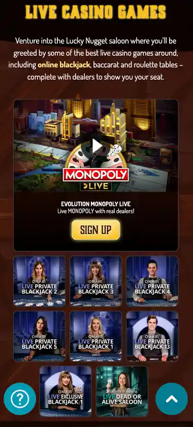 Lucky Nugget Casino mobile live casino screenshot displaying live dealer tables including roulette, blackjack and baccarat with mobile lobby navigation and betting interface - tested