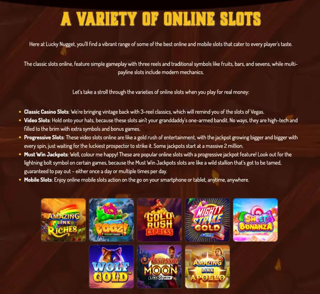 Lucky Nugget Casino desktop slots screenshot showing slot categories, featured titles and game providers in the casino lobby - tested