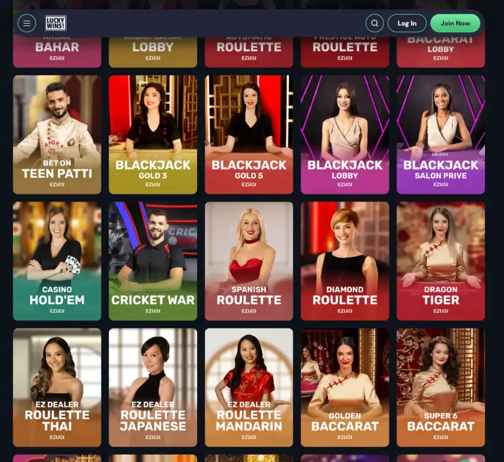 Lucky Wins Casino desktop live casino screenshot displaying real-dealer tables including roulette, blackjack and baccarat with lobby navigation and betting interface - tested