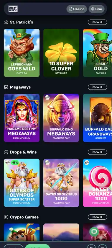 Lucky Wins Casino mobile slots screenshot showing slot game thumbnails, categories and featured titles in the mobile game lobby - tested