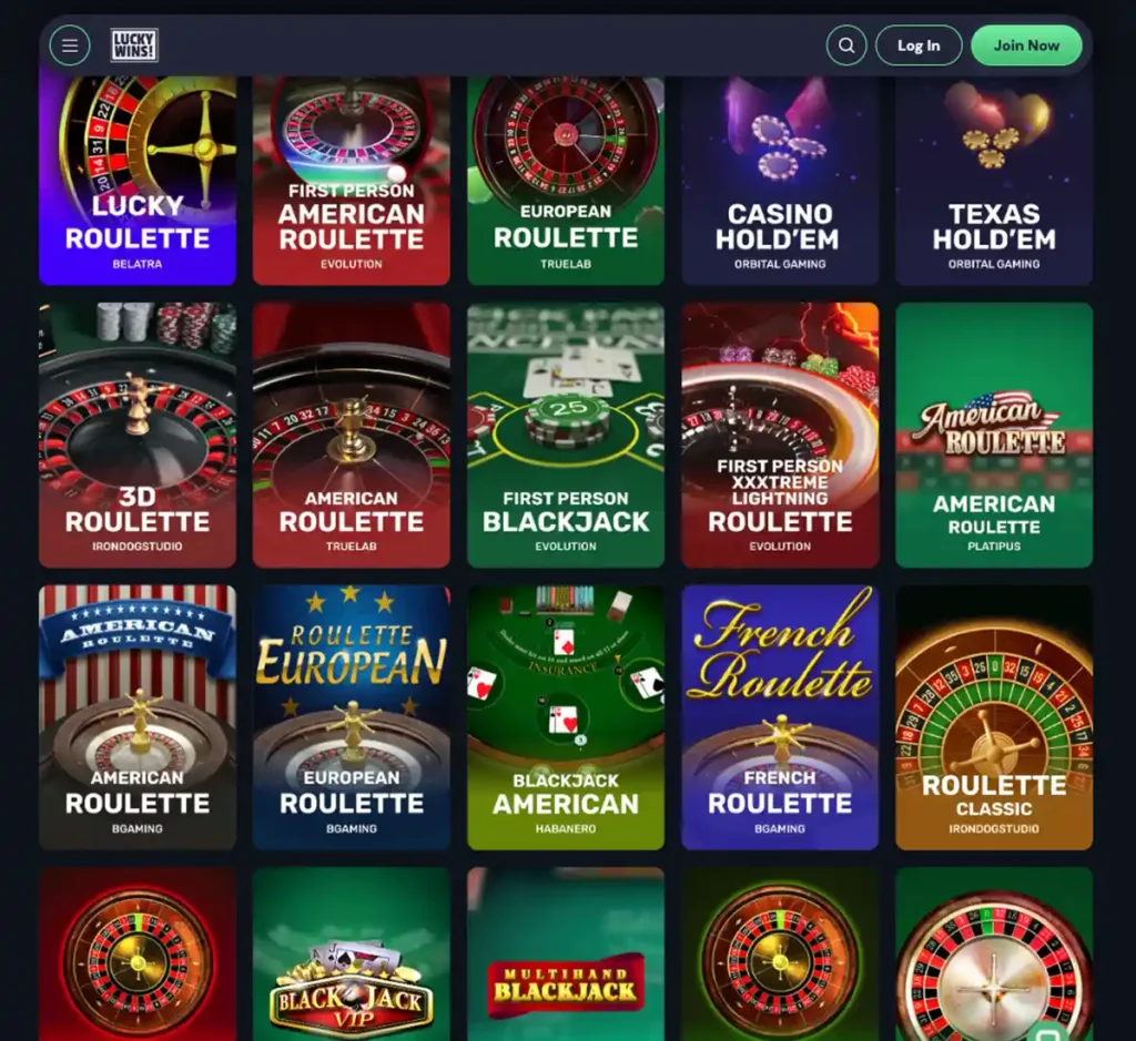 Lucky Wins Casino desktop table games screenshot displaying blackjack, roulette and baccarat tables with filters and lobby navigation - tested