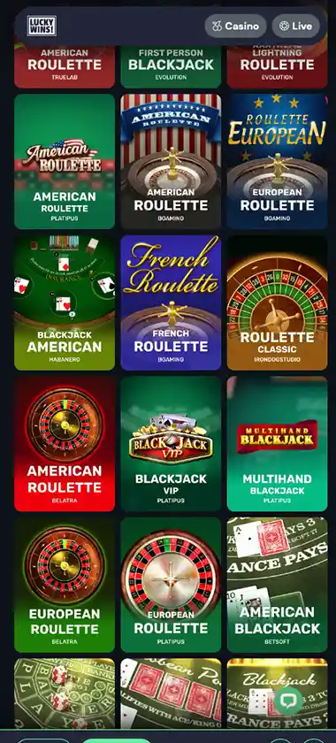 Lucky Wins Casino mobile table games screenshot showing blackjack, roulette and baccarat thumbnails, betting interface and mobile lobby navigation - tested