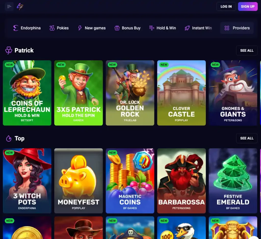 Lucky7even Casino desktop homepage screenshot showing casino lobby with featured games, promotions and top navigation - tested