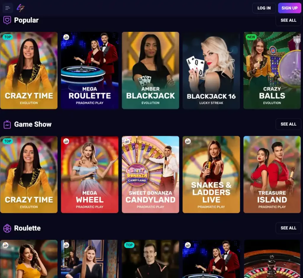 Lucky7even Casino desktop live casino screenshot displaying real-dealer tables including roulette, blackjack and baccarat with lobby navigation and betting interface - tested