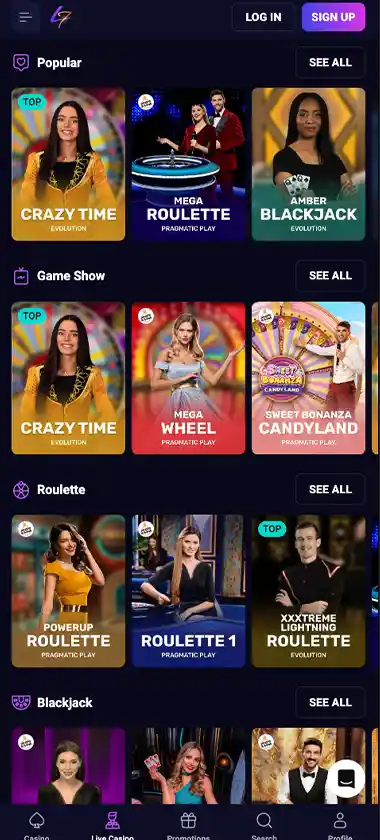Lucky7even Casino mobile live casino screenshot displaying live dealer tables including roulette, blackjack and baccarat with mobile lobby navigation and betting interface - tested