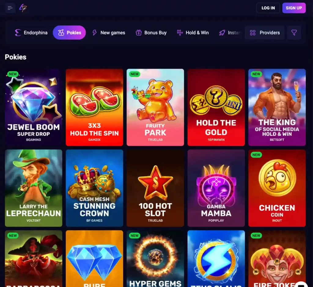 Lucky7even Casino desktop slots screenshot showing slot categories, featured titles and game providers in the casino lobby - tested