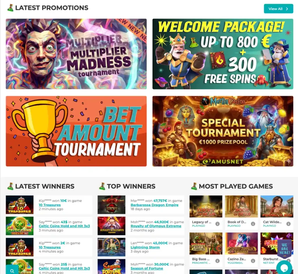 Merlin Casino desktop homepage screenshot showing casino lobby with featured games, promotions and top navigation - tested