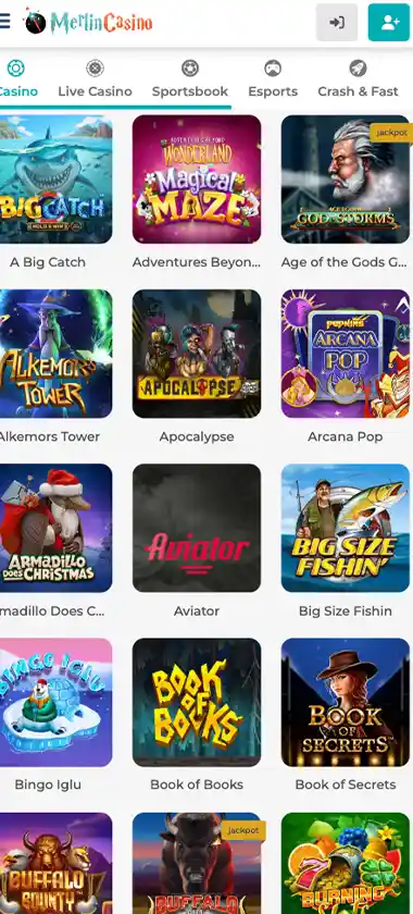 Merlin Casino mobile video slots screenshot showing slot game thumbnails, categories and featured titles in the mobile game lobby - tested