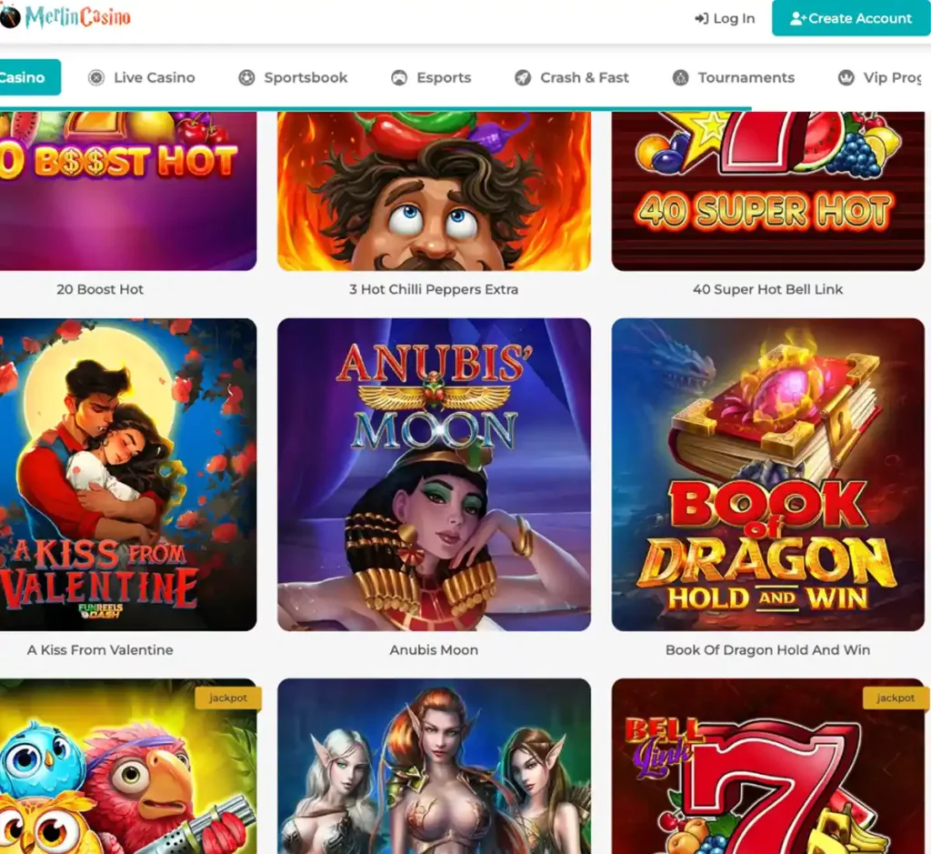 Merlin Casino desktop video slots screenshot showing slot categories, featured titles and game providers in the casino lobby - tested