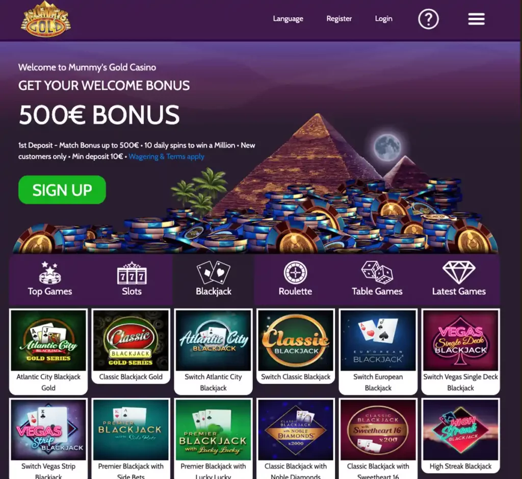Mummys Gold Casino desktop blackjack screenshot displaying blackjack table, cards layout and betting interface with lobby navigation - tested