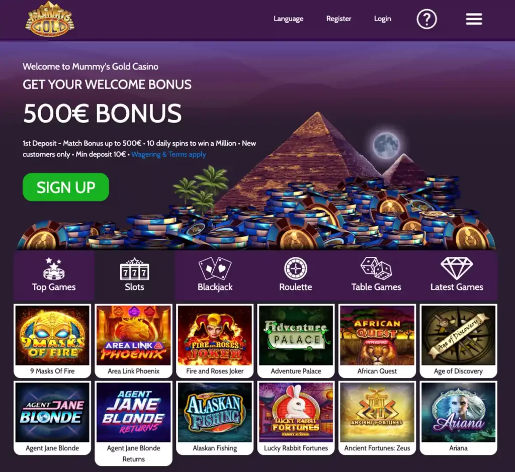 Mummys Gold Casino desktop slots screenshot showing slot categories, featured titles and game providers in the casino lobby - tested